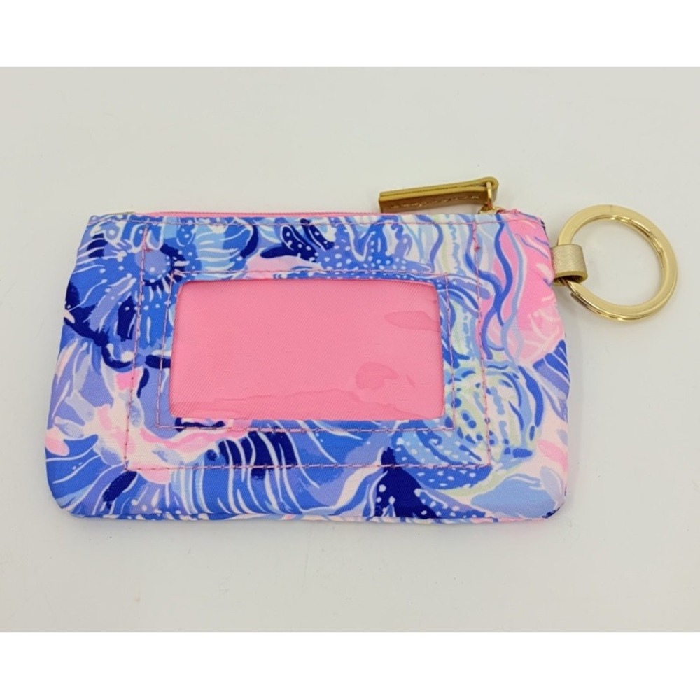 Lilly Pulitzer Card Holder Wallet Pink Blue Zip ID Case Gold Tone Keychain